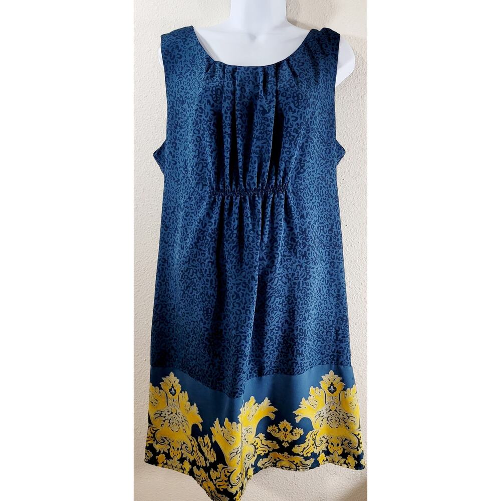 Vintage Blue Gold Animal Print A Line Dress XL Lightweight Soft Above The Knee